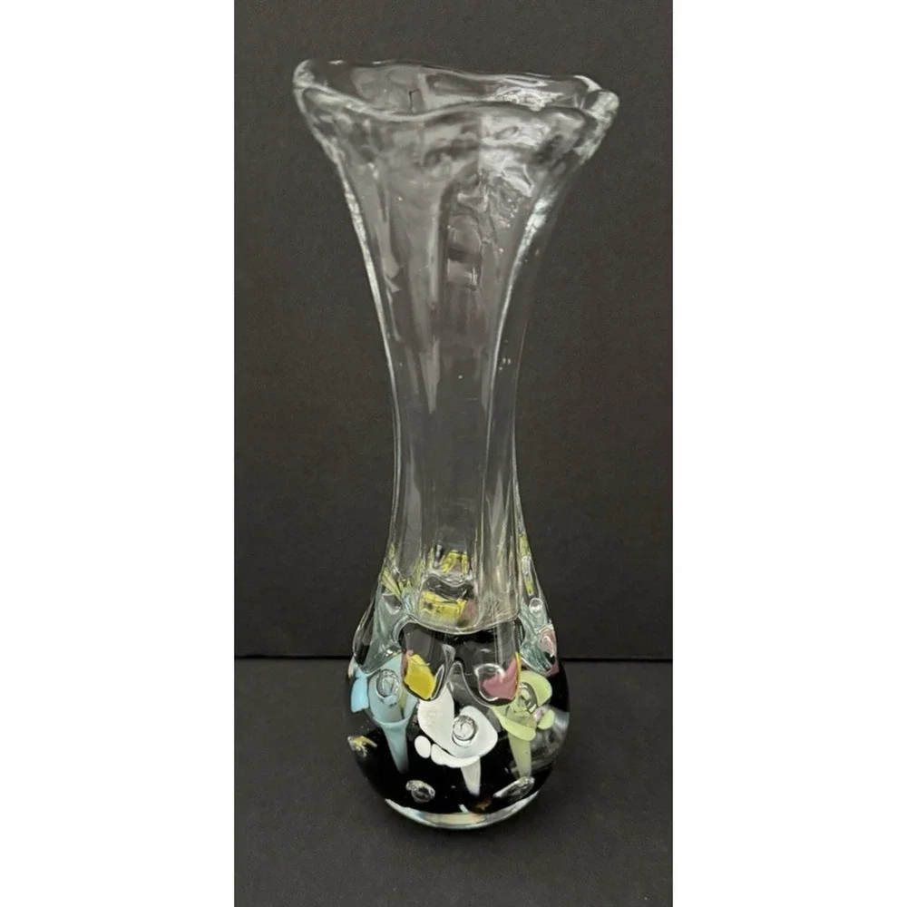 Vintage MCM St Clair Art Glass Bud Vase Pastel Flowers Handblown with Bubbles